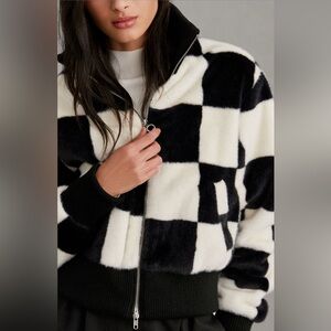 Anthropologie x Noize Bessie Cropped Plush Bomber Jacket Black White Small New